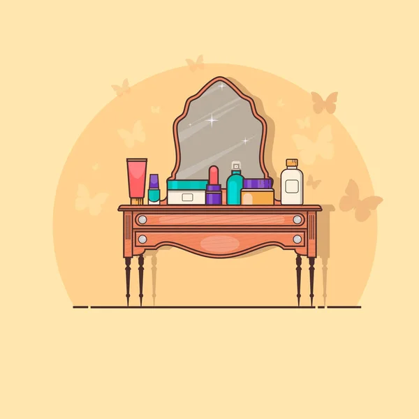 Cosméticos na mesa velha da vaidade da madeira no interior do quarto ilustração do vetor —  Vetores de Stock