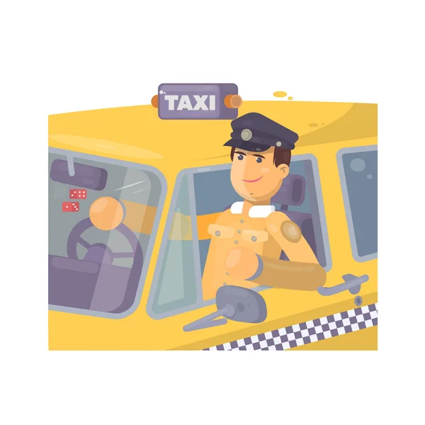 Taxifahrer sitzt in Auto flache Vektor Illustration — Stockvektor