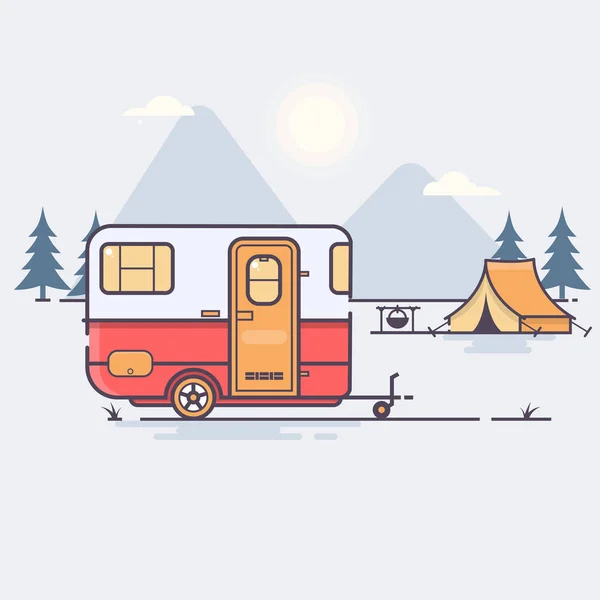 Caravana retro na floresta Conceito de viagem Ilustração vetorial — Vetor de Stock