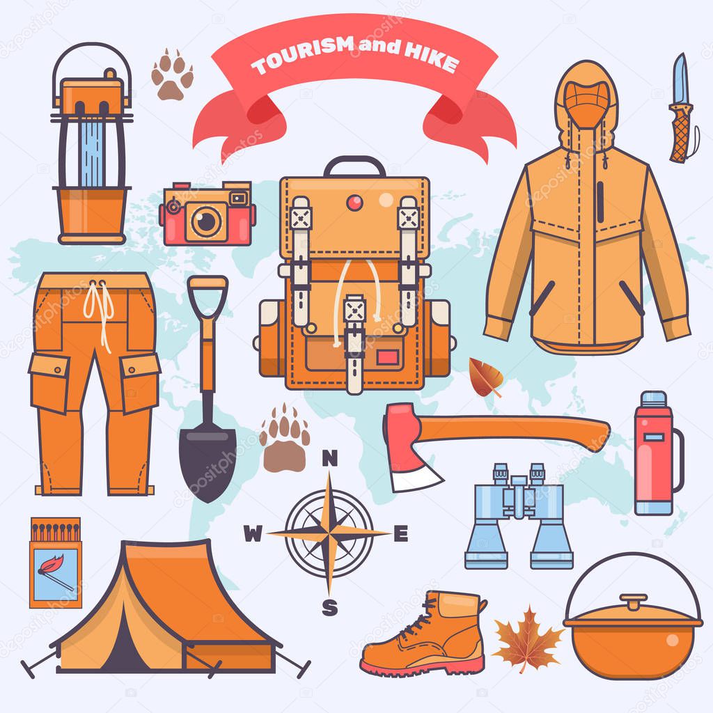 Camping and hiking equipment and gear vector icon collection Flat vector illustration