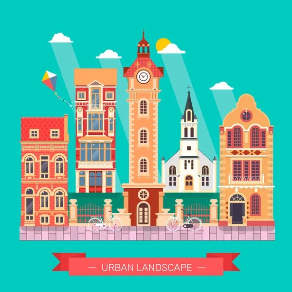 Diseño plano paisaje urbano y vida urbana Icono del edificio — Vector de stock