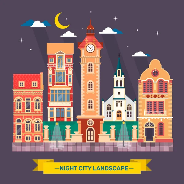 Ciudad urbana noche paisaje Ciudad horizonte Ilustración plana — Vector de stock