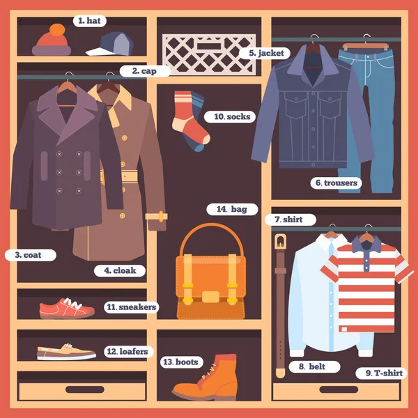 Kleiderschrank voller Männerkleider. flache Vektor-Illustration — Stockvektor