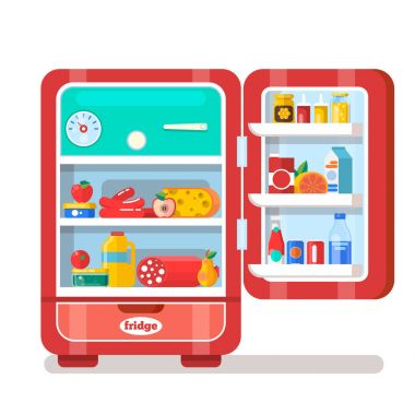 Vintage Red Opened Refrigerator Full Of Food  Flat  Vector Illus clipart
