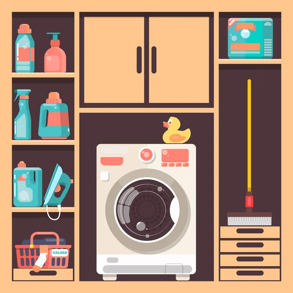 Buanderie avec panier lave-linge et produits chimiques ménagers — Image vectorielle