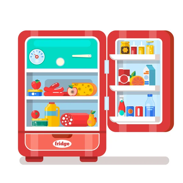 Refrigerador abierto rojo vintage lleno de comida plana Vector Illus — Vector de stock