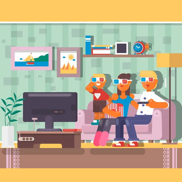 Famiglia felice guardando la televisione insieme in casa. Illustrazione vettoriale piatto — Vettoriale Stock