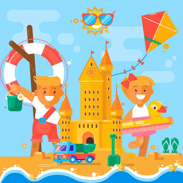 Attività estive per bambini in spiaggia. Illustrazione vettoriale piatto — Vettoriale Stock