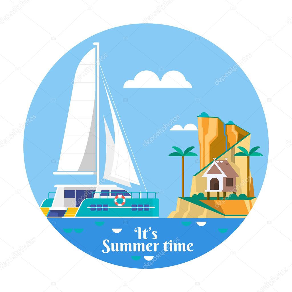 Summer vacation holiday tropical ocean island with palm tree. Vector illustration