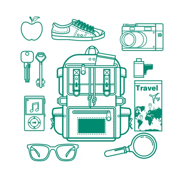 Visão geral dos acessórios do viajante, itens essenciais de férias, conceito de viagem em design de contorno. Ilustração vetorial —  Vetores de Stock