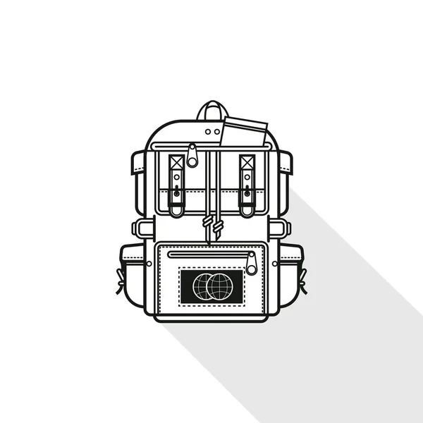 Черный плоский рюкзак и значок топора с длинной тенью на белом фоне. Векторная иллюстрация — стоковый вектор