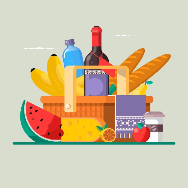 Summer picnic concept with basket full of products. Vector illustration — Stock Vector