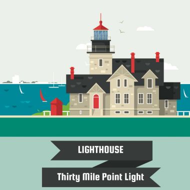Lighthouse.Thirty mil noktası Light.Lighthouse kaya taşları Adası çizgi film vektör arka plan üzerinde. Vektör çizim