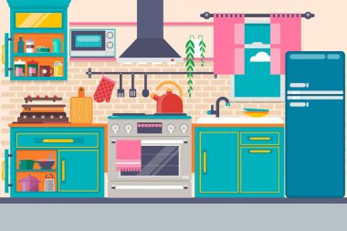 Mutfak iç mobilya, mutfak eşyaları, gıda ve aygıtlar. Buzdolabı, fırın, mikrodalga, su ısıtıcısı, pot dahil olmak üzere. Vektör çizim