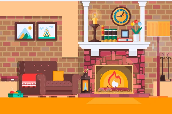 Habitación diseño de la chimenea interior con libros de silla, mesa, reloj en la hora del té por la noche, chimenea. Ilustración vectorial plana — Archivo Imágenes Vectoriales