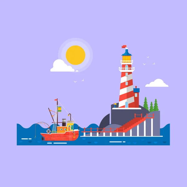 Cool diseño plano barco de pesca transporte por mar. Faro en piedras de roca isla de dibujos animados vector de fondo. Ilustración vectorial — Vector de stock