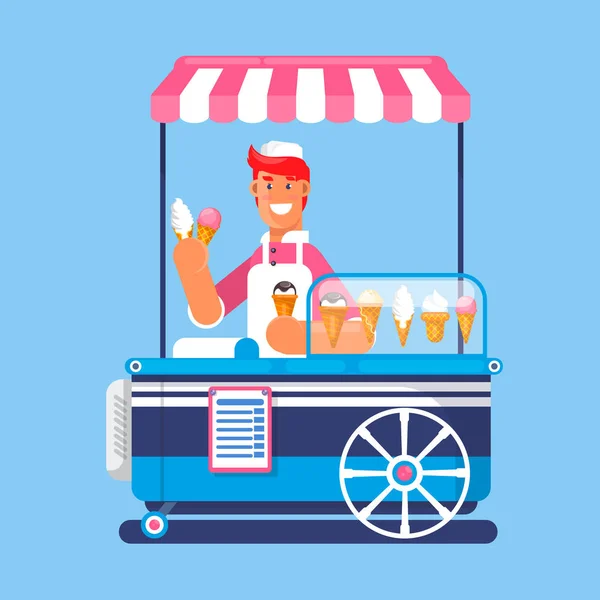 アイスクリーム付トロリー。アイスクリームのカート市場。ベクトル図 — ストックベクタ