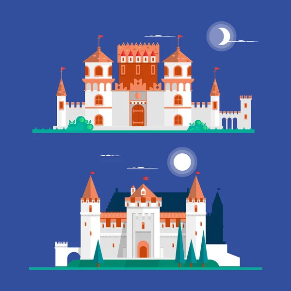 Los antiguos edificios medievales del castillo iconos planos establecen ilustración vectorial aislada. Ilustración vectorial — Vector de stock