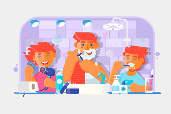 Junge Familie. Junge putzt sich die Zähne, Mann rasiert sich das Gesicht, kleines Mädchen kämmt sich im Badezimmer die Haare. Vektorillustration — Stockvektor