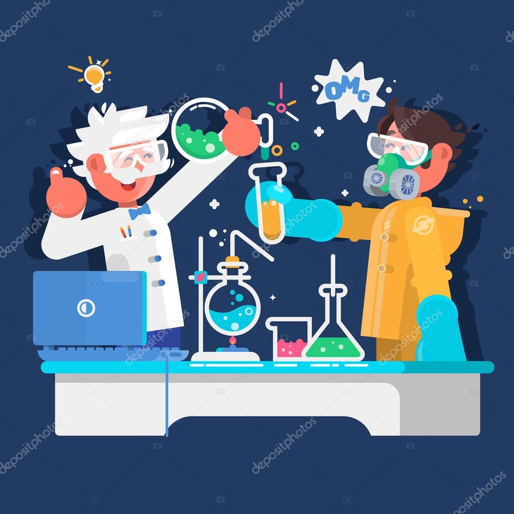 Laboratory assistants work in scientific medical chemical or biological laboratory. Vector illustration
