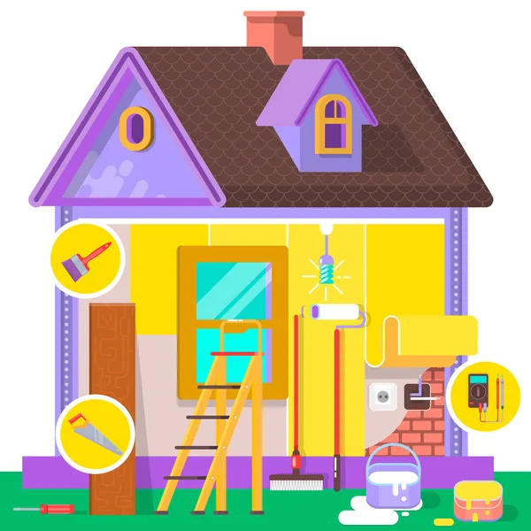 Apartamento de renovação. Interior de casa e reparos em casa. Ilustração vetorial em estilo plano . —  Vetores de Stock