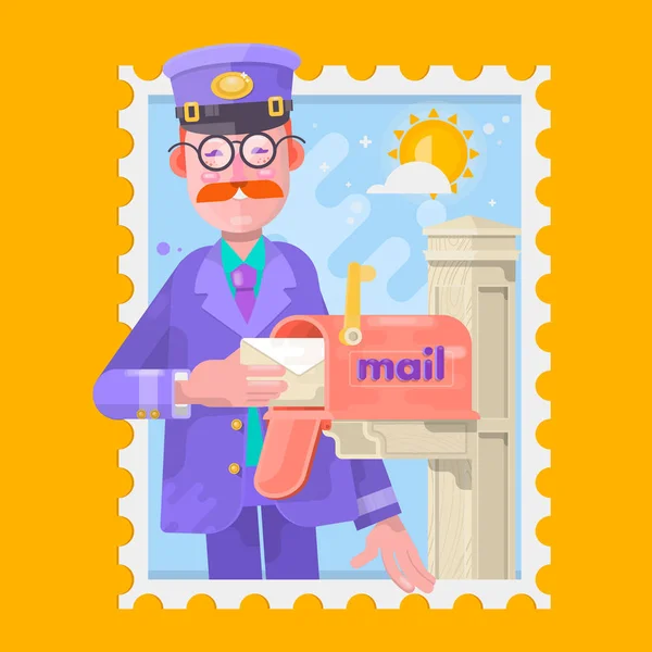 Postbote in lila Uniform, der Post zustellt und Briefe in den Briefkasten legt. flache Vektorabbildung — Stockvektor