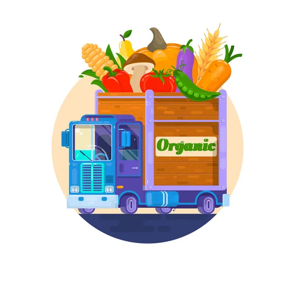 Fast delivery of fresh vegetables. The car with vegetables. Delivery of organic food. Vector illuistration — Stock Vector