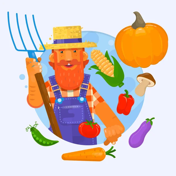 Illustration of a farmer holding a garden fork wearing hat with vegetables. Vector illustration — Stock Vector