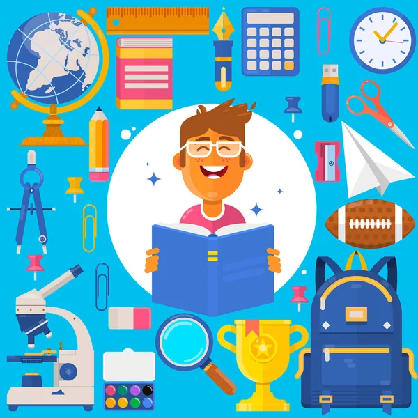 De vuelta a la escuela. Bolsa de alumno o estudiante. Accesorios de entrenamiento lápices, bolígrafos, cuadernos, regla, papelería, libros de texto. Ilustración vectorial — Archivo Imágenes Vectoriales