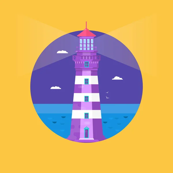 Lighthouse on ocean or sea beach cartoon background flat vector illustration. Lighthouse on coast of sea