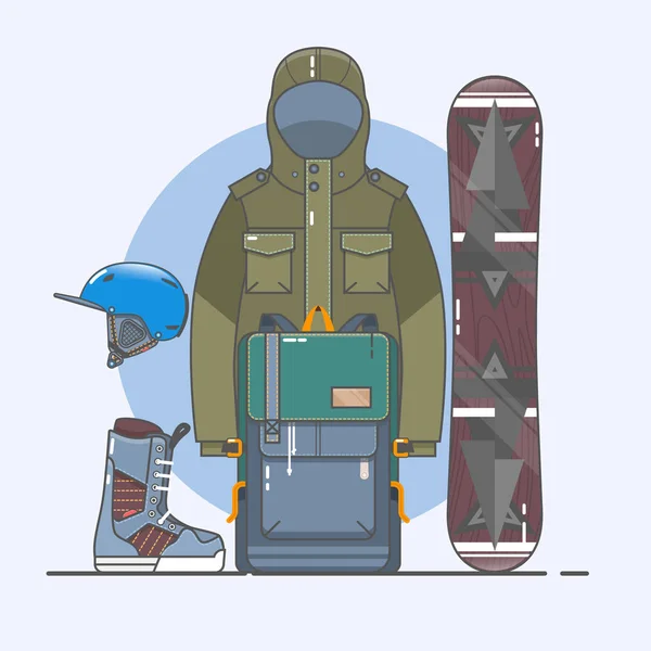 Acessórios de snowboard. Conjunto de ícones de esportes de inverno. Coleção de arte de linha de clipart vetor estoque . — Vetor de Stock