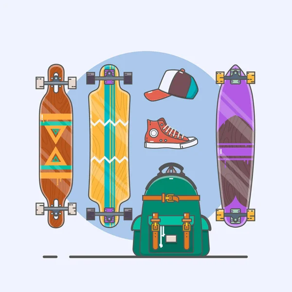 Set Longboards und Skateboards in verschiedenen Formen. Linienzeichnung. Vektorillustration. — Stockvektor