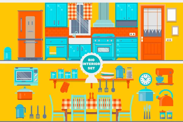 Retro mutfak iç mobilya, mutfak eşyaları, gıda ve aygıtlar. Buzdolabı, fırın, mikrodalga, su ısıtıcısı, pot dahil olmak üzere. Düz vektör çizim — Stok Vektör