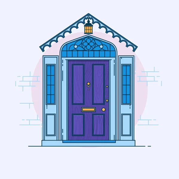 Blaue Haustür an der Ziegelwand mit Laterne. Vektor-Bauelement — Stockvektor