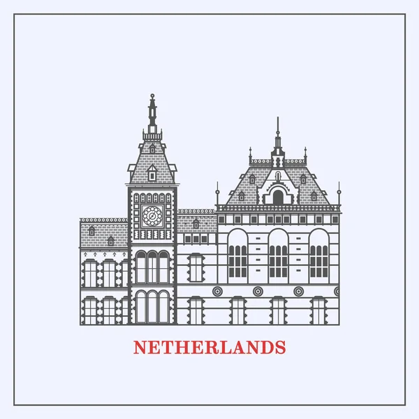 Amsterdam Central Station Clock Tower.Amsterdam buildings skyline. Flat line set of architecture of Netherlands. Template for tourist guides and books, banners, flyers, graphic and web design. — Stock Vector