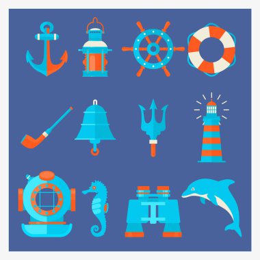 Deniz öğeleri karikatür tarzı. Deniz macera ekipman. Vektör