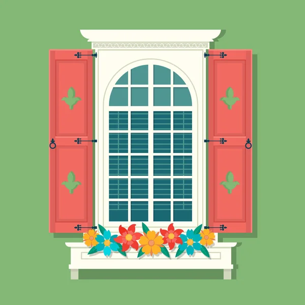 Retro fönster med röda träluckor och gardiner på grön vägg bakgrund av det gamla huset. Vintage fönster med persienner. Platt — Stock vektor