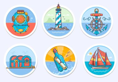 Deniz ve yelken deniz daha fazla. Vektör çizim çizgi renk sanat tarzı.