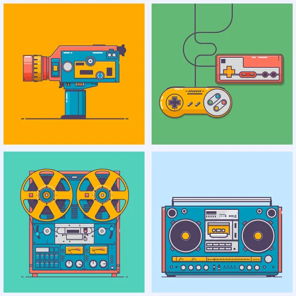 Retro gadgets uit de jaren 90 in platte lijnstijl. Vintage game console, camcorder, cassettespeler, boombox. Spel en media tech dingen. Trendy vector web pictogramserie. — Stockvector