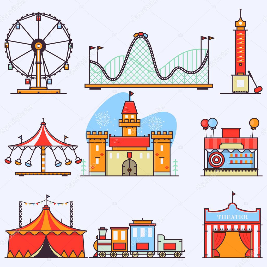 Amusement ride or luna park roller coasters entertainment vector set.Linear style illustrations isolated on white.