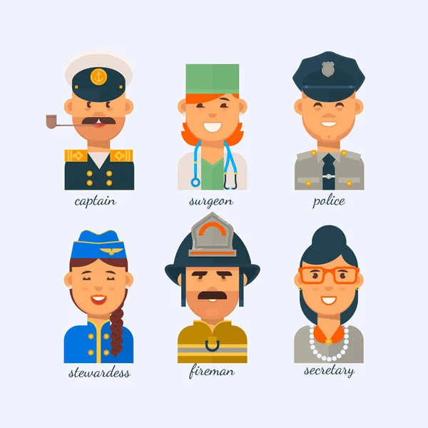 People of different professions on a white background.The secretary,the stewardess,the fireman, the police,the surgeon,the captain.Group people various professions labor day