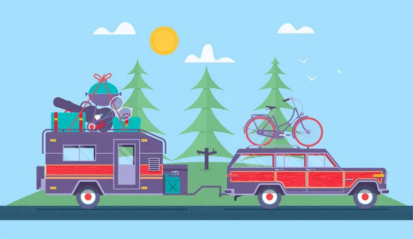 Road trip, Aventure, Remorquage, Camping concept background. Voyage en voiture. Fans club trailering. Voyage en Europe.Illustration plate moderne — Image vectorielle