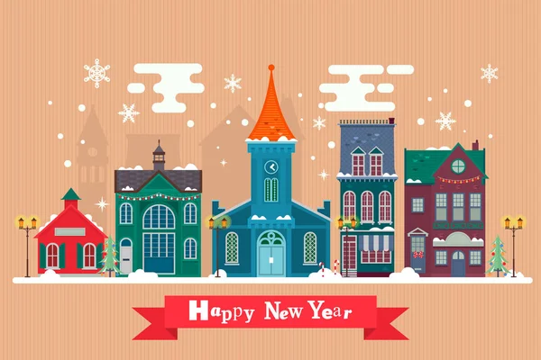 Tebrik kartları için kutlama Christmas.Urban kış peyzaj tasarım. Karlı sokak. Noel kartı Happy Holidays banner. Vektör çizim düz tasarımı.