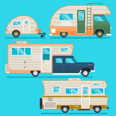 Retro karavan römork koleksiyonu. Gezgin renklendirilen kamyon kampçılar mavi izole düz stilde kümesi. Vektör çizim