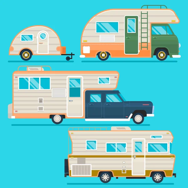 Retro Wohnmobil Anhänger Collection.set von umgefärbten Reisemobil Wohnmobile in flachem Stil isoliert auf blau. Vektorillustration — Stockvektor