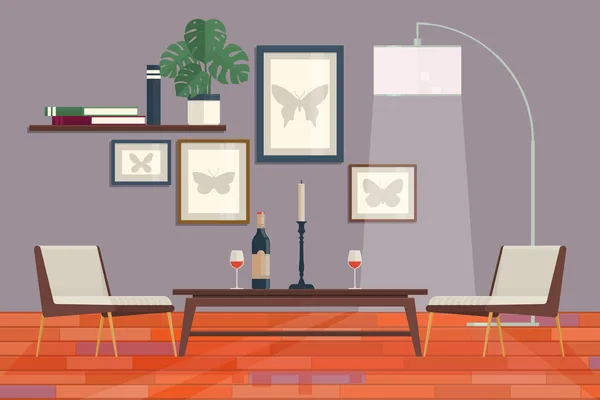クールなグラフィック リビング ルーム インテリア家具本棚、テーブル、ランプ。ホーム現代アパート設計ベクトル図 — ストックベクタ