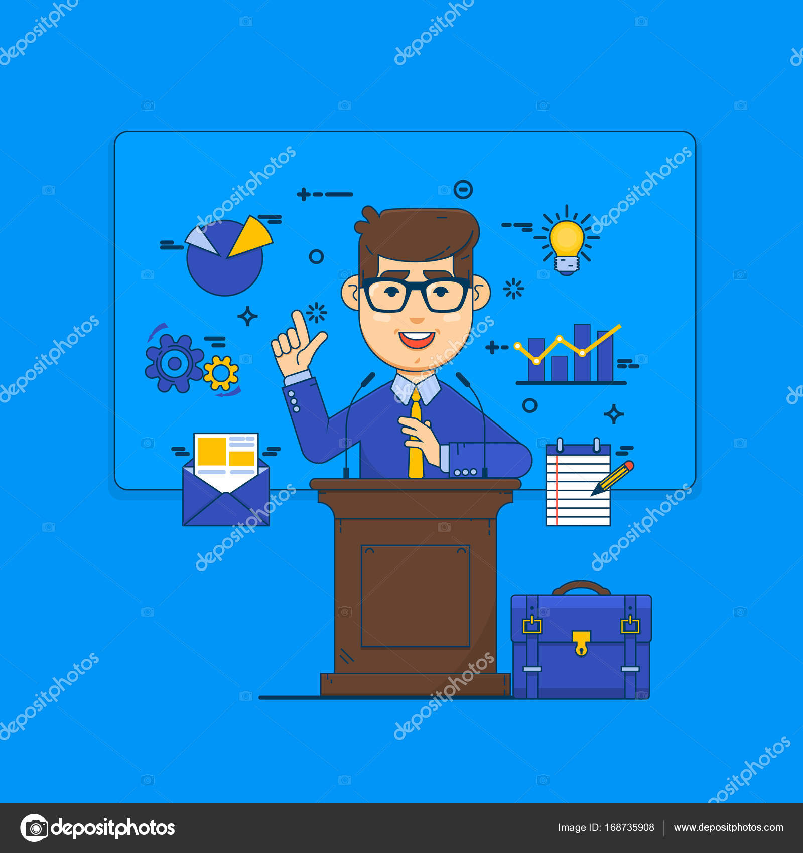 Public speaking concept. Orator speaking from tribune and icons