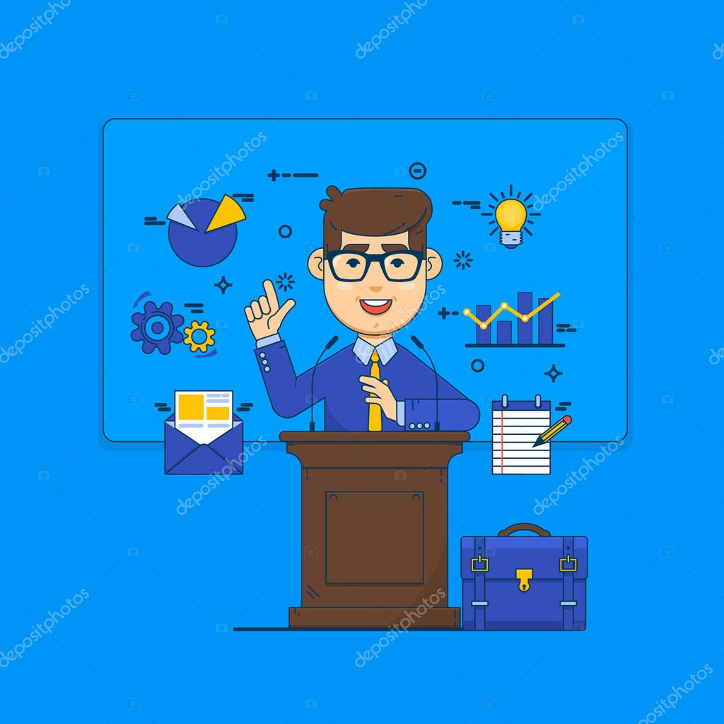 Successful businessman giving a speech at podium.Public speaking concept. Flat vector illustration