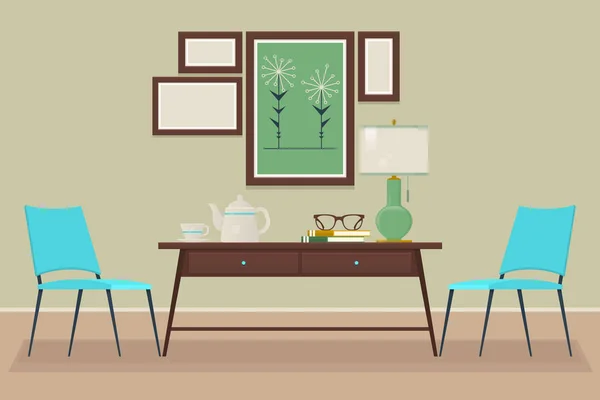 家ホーム インテリア デザイン。椅子、テーブル、ランプ、分離ベクトル オブジェクト。シーン作成者セット. — ストックベクタ