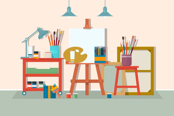 Arte desenho mobiliário estúdio de design. . Sala de oficina criativa com lona, tintas, pincéis, cavalete e imagens. Salão de design para artistas. Ilustração vetorial de estilo plano . — Vetor de Stock